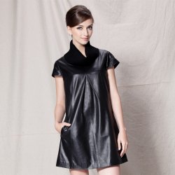 凯撒正品LUSEFA11707韩版简约高领真皮裙短袖A字女连衣裙新品上架