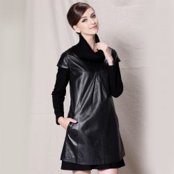 凯撒正品LUSEFA11707韩版简约高领真皮裙短袖A字女连衣裙新品上架